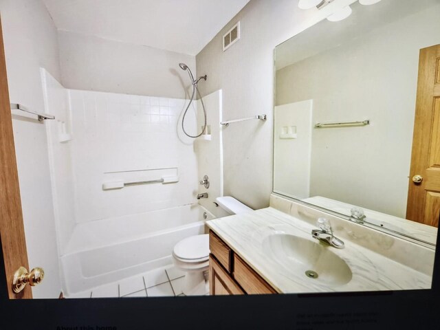 1208 Fox Hill Ln, North Aurora, IL 60542 - bathroom with visible vents, toilet, shower / bathing tub combination, vanity, and tile patterned flooring