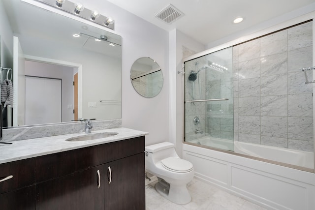 full bathroom featuring vanity, toilet, recessed lighting, visible vents, and bath / shower combo with glass door