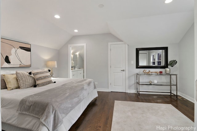 bedroom with vaulted ceiling, baseboards, recessed lighting, and dark wood finished floors