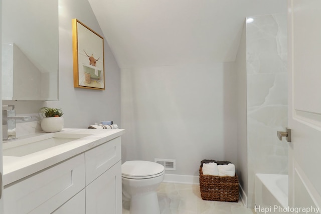 full bathroom featuring lofted ceiling, marble finish floor, visible vents, toilet, and vanity