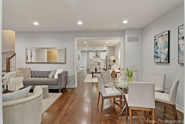 dining space with recessed lighting, visible vents, and dark wood-style floors