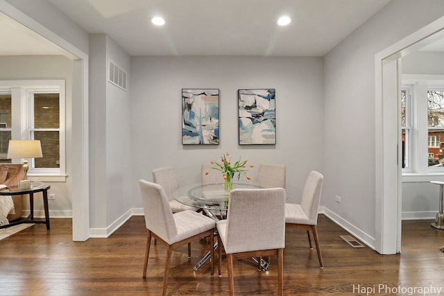 dining room with baseboards, visible vents, recessed lighting, and dark wood finished floors