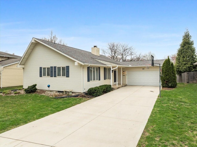 ranch-style house featuring a chimney, driveway, a front lawn, a garage, and a shingled roof