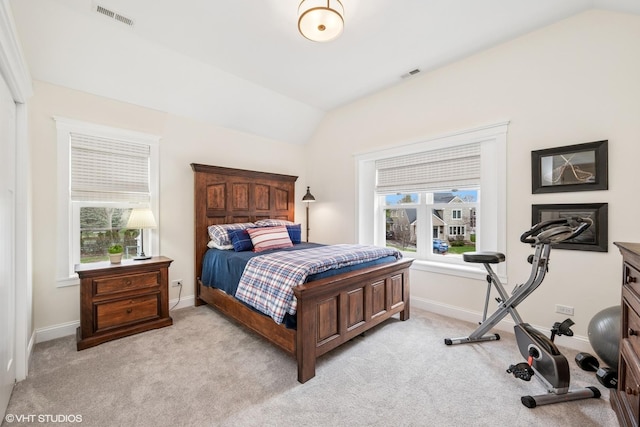 bedroom with visible vents, multiple windows, and vaulted ceiling