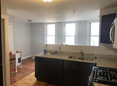 1516 W 18th Pl, Chicago, IL 60608 - kitchen featuring wood finished floors, stainless steel microwave, a sink, and light stone countertops