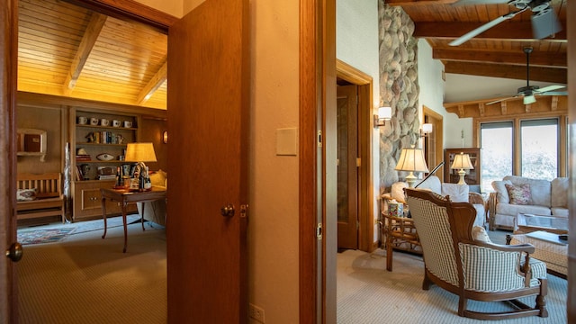 1336 Christina Ln, Northbrook, IL 60062 - carpeted living area featuring ceiling fan, vaulted ceiling with beams, and wooden ceiling