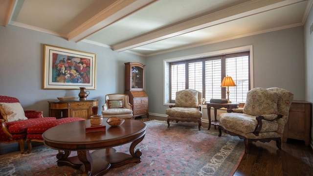 1336 Christina Ln, Northbrook, IL 60062 - living area featuring baseboards, beamed ceiling, ornamental molding, and wood finished floors