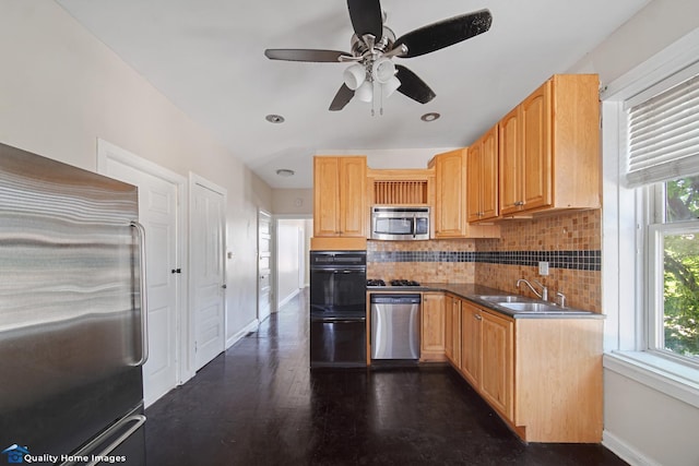 2701 W 24th Pl, Chicago, IL 60608 - kitchen featuring a ceiling fan, a sink, stainless steel appliances, baseboards, and backsplash