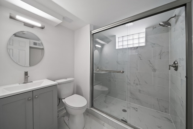 full bath with vanity, a stall shower, toilet, visible vents, and marble finish floor