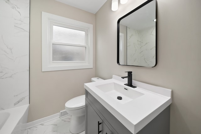 full bathroom featuring toilet, marble finish floor, vanity, and baseboards