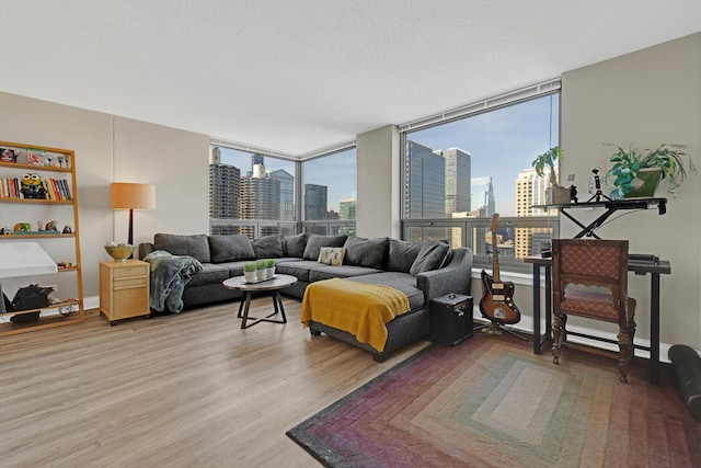 living room with a view of skyline and wood finished floors