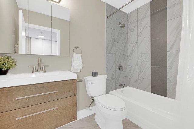 bathroom with toilet,  shower combination, vanity, and marble finish flooring