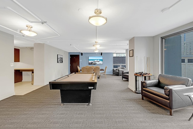 recreation room featuring billiards and carpet flooring