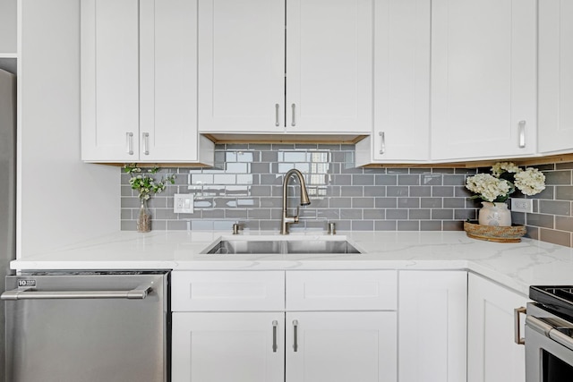 kitchen featuring a sink, stainless steel dishwasher, white cabinets, and tasteful backsplash