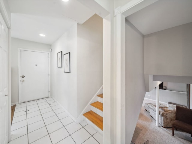 201 41st St, Downers Grove, IL 60515 - hall featuring stairs, baseboards, light tile patterned floors, and recessed lighting
