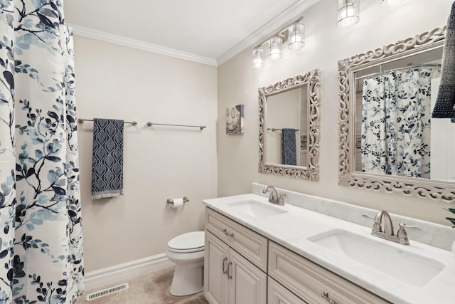 full bath featuring a sink, visible vents, toilet, and crown molding