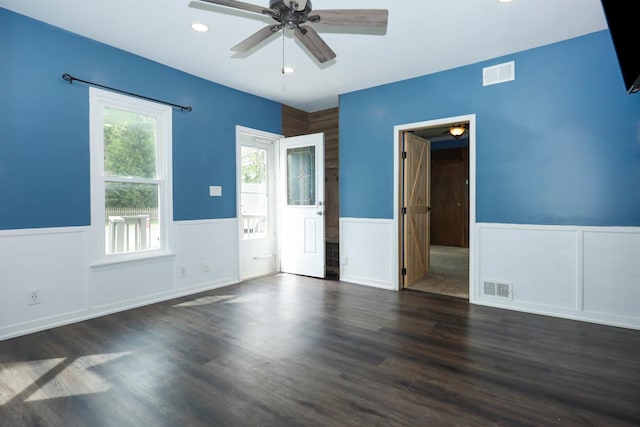114 W Columbia St, Danvers, IL 61732 - empty room with visible vents, a ceiling fan, wainscoting, and recessed lighting