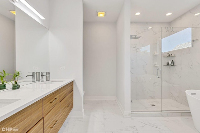 full bath featuring baseboards, a sink, recessed lighting, a marble finish shower, and marble finish floor