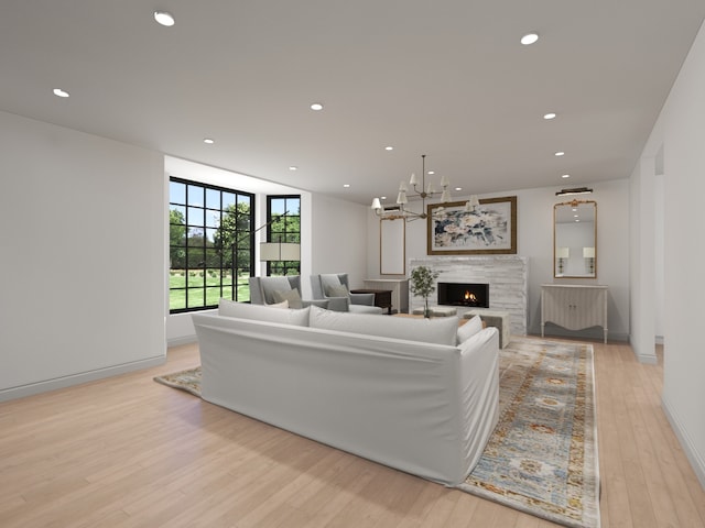 3031 Indianwood Rd, Wilmette, IL 60091 - living area with light wood-style flooring, recessed lighting, a chandelier, a lit fireplace, and baseboards