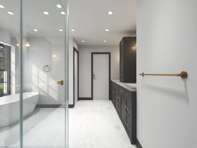3031 Indianwood Rd, Wilmette, IL 60091 - bathroom featuring recessed lighting, a freestanding tub, and vanity