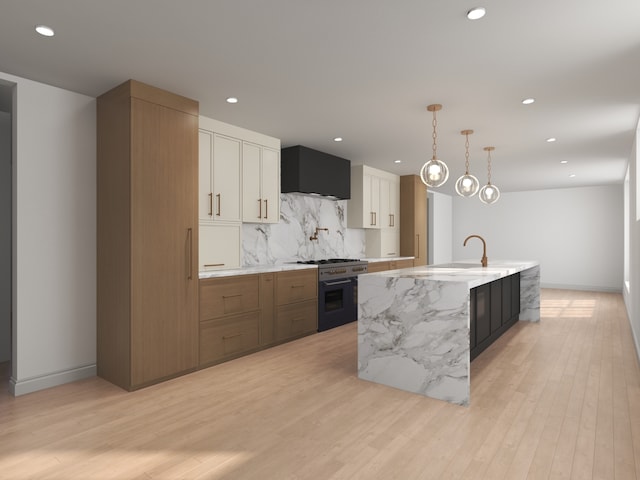 3031 Indianwood Rd, Wilmette, IL 60091 - kitchen with stainless steel stove, backsplash, recessed lighting, light wood-style floors, and a spacious island
