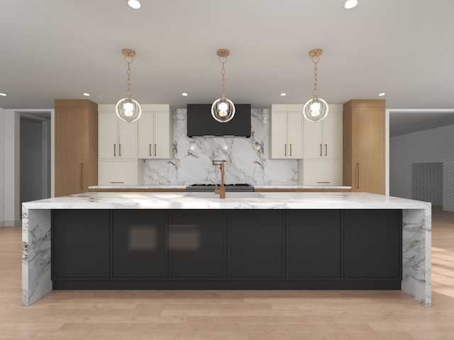 3031 Indianwood Rd, Wilmette, IL 60091 - kitchen with extractor fan, white cabinets, a spacious island, tasteful backsplash, and recessed lighting