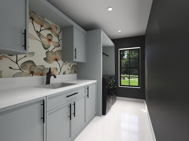 3031 Indianwood Rd, Wilmette, IL 60091 - laundry area with washer / clothes dryer, recessed lighting, cabinet space, and light tile patterned flooring
