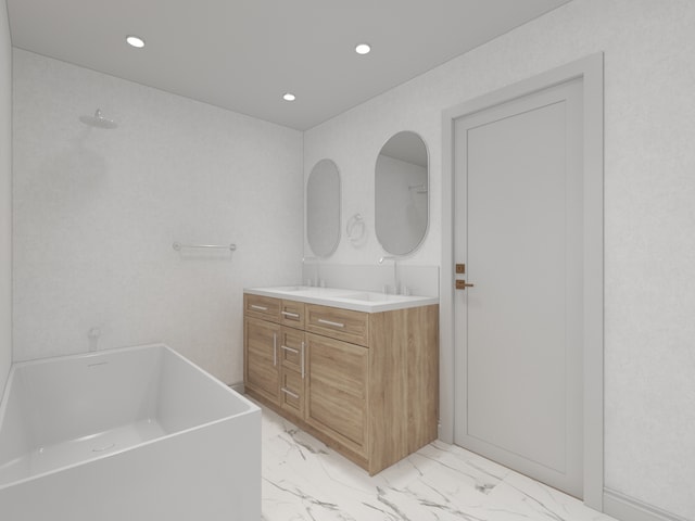 3031 Indianwood Rd, Wilmette, IL 60091 - bathroom with marble look tile flooring, a bath, vanity, and recessed lighting