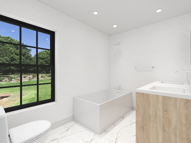 3031 Indianwood Rd, Wilmette, IL 60091 - bathroom featuring toilet, marble look tiles, a bathtub, recessed lighting, and a sink