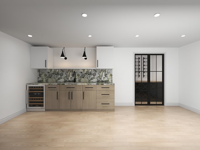 3031 Indianwood Rd, Wilmette, IL 60091 - indoor bar featuring wine cooler, backsplash, light wood finished floors, recessed lighting, and baseboards