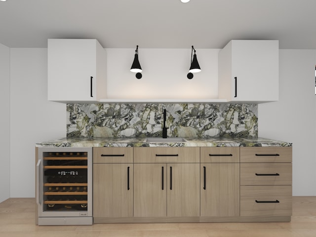 3031 Indianwood Rd, Wilmette, IL 60091 - bar featuring beverage cooler, a sink, and decorative backsplash