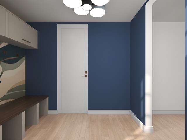 3031 Indianwood Rd, Wilmette, IL 60091 - mudroom featuring wood finished floors, a chandelier, and baseboards