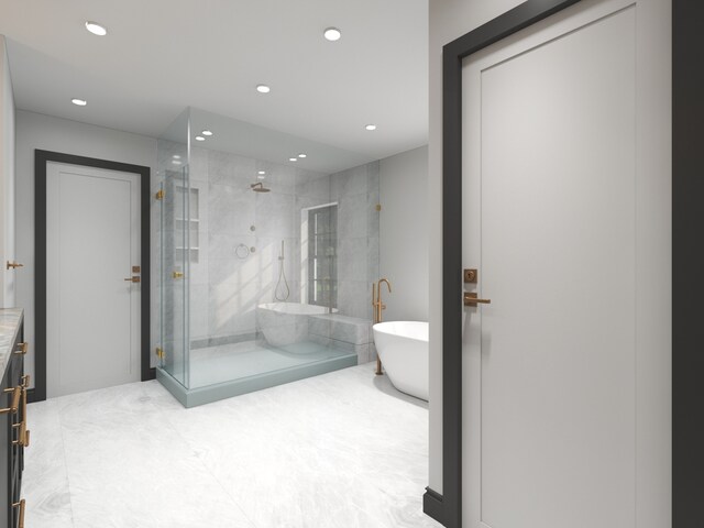 3031 Indianwood Rd, Wilmette, IL 60091 - bathroom featuring recessed lighting, a freestanding bath, and a shower stall