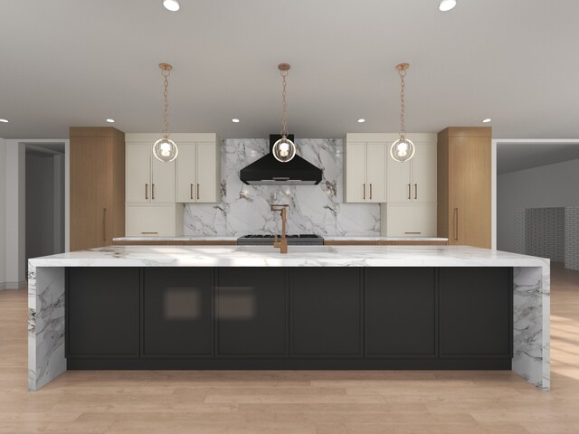3031 Indianwood Rd, Wilmette, IL 60091 - kitchen with white cabinets, extractor fan, recessed lighting, backsplash, and a large island