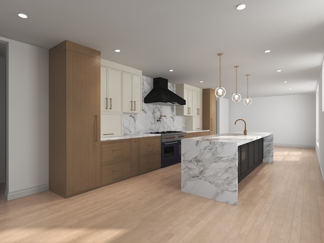 3031 Indianwood Rd, Wilmette, IL 60091 - kitchen with stainless steel range, wall chimney range hood, light wood-style floors, tasteful backsplash, and a large island with sink
