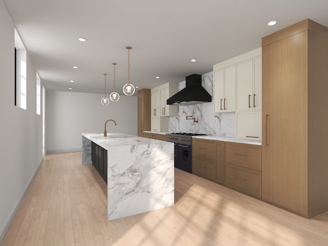 3031 Indianwood Rd, Wilmette, IL 60091 - kitchen featuring high end stainless steel range, wall chimney range hood, a large island, backsplash, and light wood-type flooring