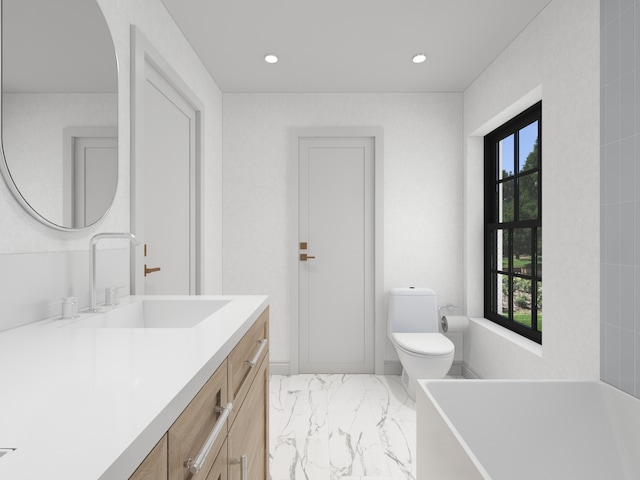 3031 Indianwood Rd, Wilmette, IL 60091 - bathroom featuring vanity, toilet, marble look tile flooring, recessed lighting, and a bathtub