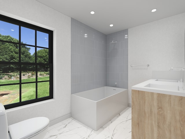 3031 Indianwood Rd, Wilmette, IL 60091 - bathroom with toilet, marble finish floors, tub / shower combination, recessed lighting, and baseboards