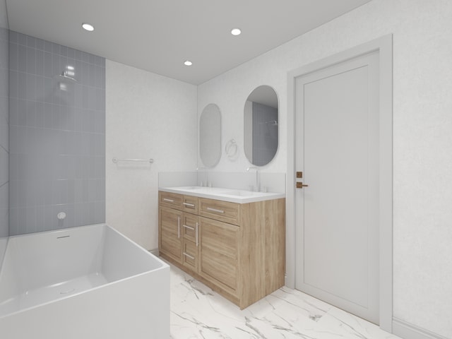 3031 Indianwood Rd, Wilmette, IL 60091 - bathroom featuring marble look tiles, a tub, recessed lighting, and vanity