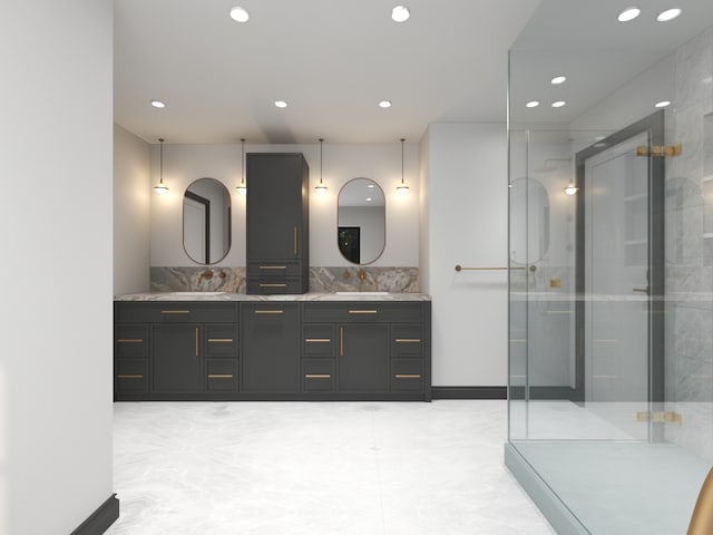 3031 Indianwood Rd, Wilmette, IL 60091 - bathroom with a stall shower, double vanity, and recessed lighting
