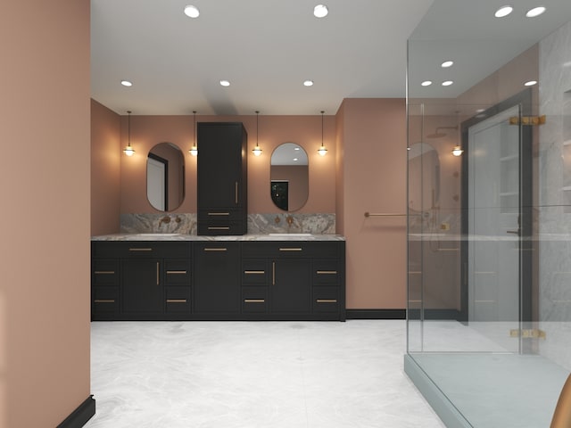 3031 Indianwood Rd, Wilmette, IL 60091 - bathroom featuring a shower stall, double vanity, and recessed lighting
