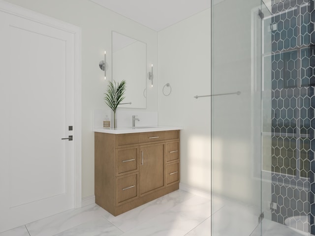 3031 Indianwood Rd, Wilmette, IL 60091 - full bathroom featuring a tile shower, vanity, baseboards, and marble look tile flooring