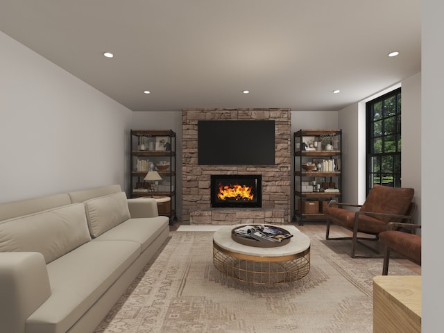 3031 Indianwood Rd, Wilmette, IL 60091 - living room with a stone fireplace, recessed lighting, and light wood finished floors