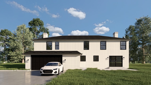 3031 Indianwood Rd, Wilmette, IL 60091 - view of front of house with a chimney, an attached garage, concrete driveway, a front lawn, and brick siding