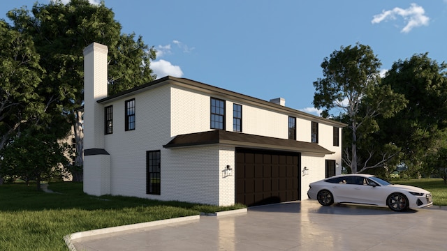 3031 Indianwood Rd, Wilmette, IL 60091 - view of home's exterior with a chimney, a garage, brick siding, driveway, and a lawn