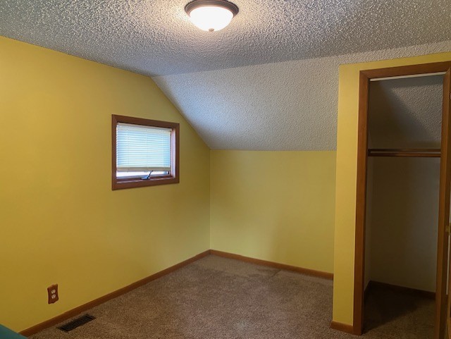 additional living space with carpet flooring, a textured ceiling, visible vents, and vaulted ceiling