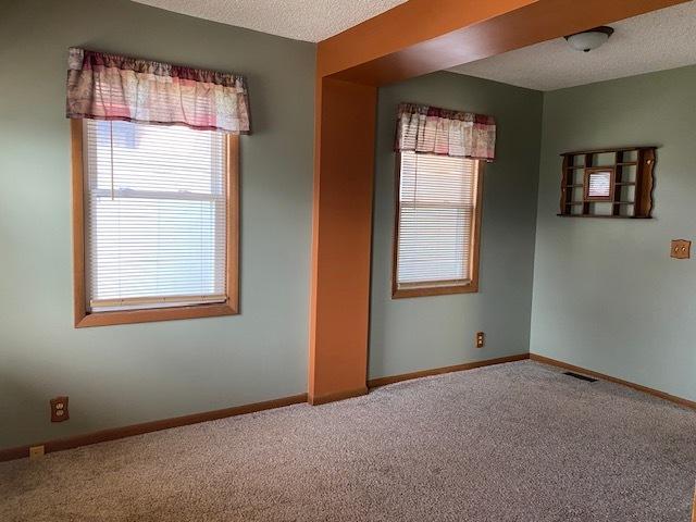 carpeted empty room with a wealth of natural light, visible vents, baseboards, and a textured ceiling