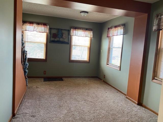 spare room featuring carpet flooring, a textured ceiling, baseboards, and visible vents