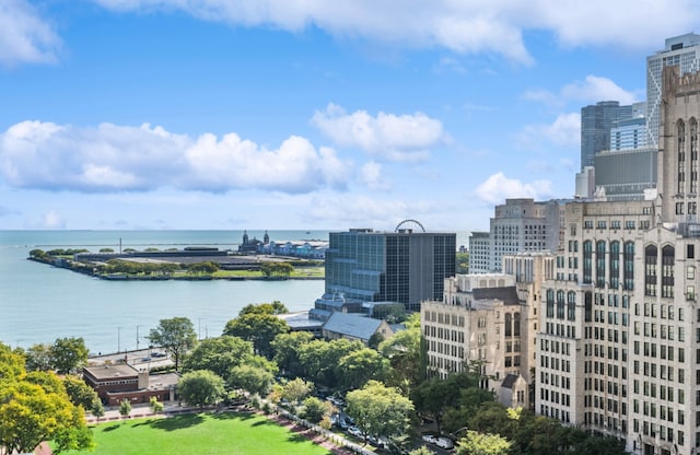 birds eye view of property with a city view and a water view