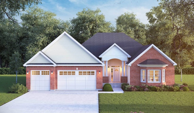 view of front of house with an attached garage, concrete driveway, a front lawn, and brick siding